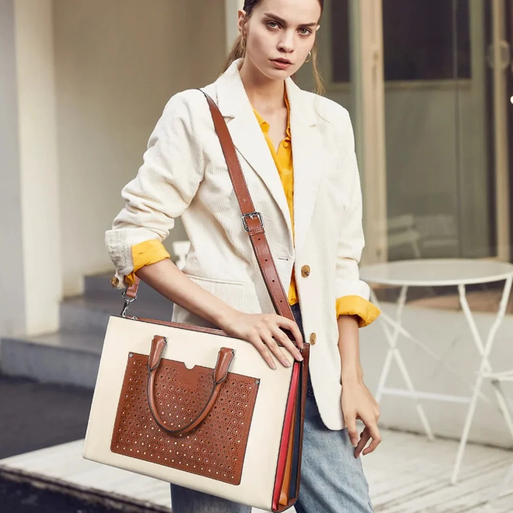Cluci Leather Briefcase Women Laptop Bag 16.5 In Business Shoulder Strap Classic - Picture 1 of 16